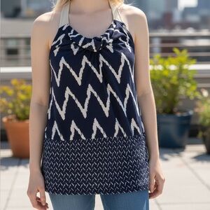 [L]Ellus Navy and White Chevron Jersey Tank Top